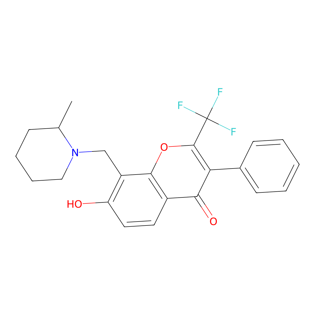7-Hydroxy-8-[(2-methylpiperidin-1-yl)methyl]-3-phenyl-2-(trifluoromethyl)chromen-4-one molecular structure, CAS 385418-85-9
