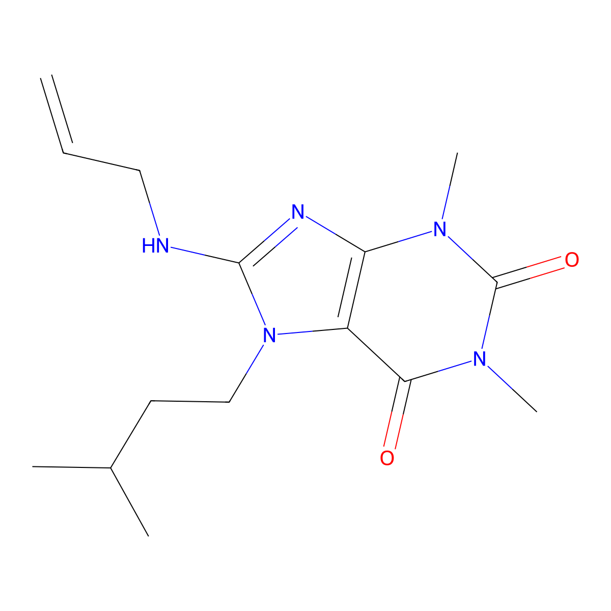8-Allylamino-1,3-dimethyl-7-(3-methyl-butyl)-3,7-dihydro-purine-2,6-dione molecular structure, CAS 385419-46-5