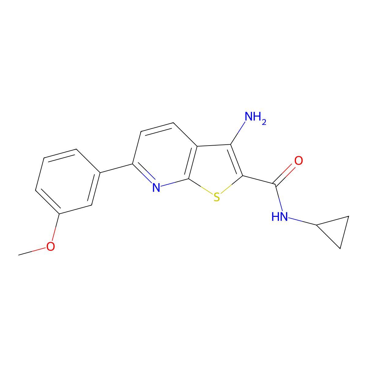 3-amino-N-cyclopropyl-6-(3-methoxyphenyl)thieno[2,3-b]pyridine-2-carboxamide molecular structure, CAS 385419-82-9