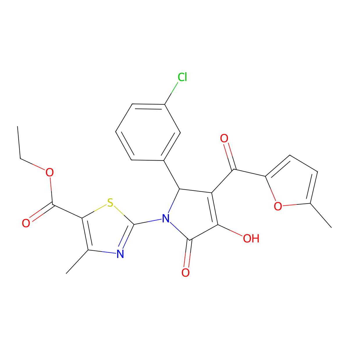 ethyl 2-{(3E)-2-(3-chlorophenyl)-3-[hydroxy(5-methylfuran-2-yl)methylidene]-4,5-dioxopyrrolidin-1-yl}-4-methyl-1,3-thiazole-5-carboxylate molecular structure, CAS 385420-41-7
