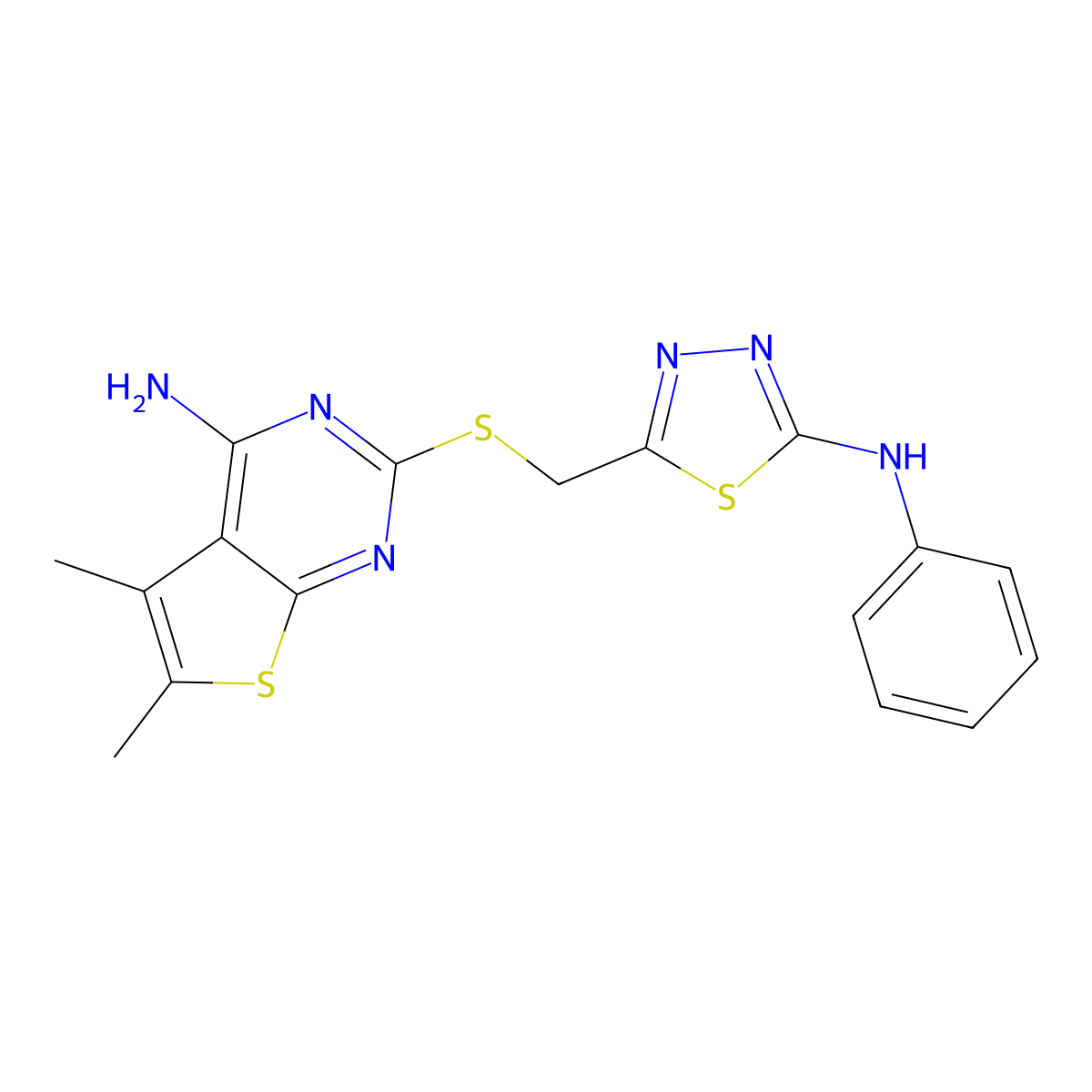 5,6-Dimethyl-2-(((5-(phenylamino)-1,3,4-thiadiazol-2-yl)methyl)thio)thieno[2,3-d]pyrimidin-4-amine molecular structure, CAS 385420-52-0