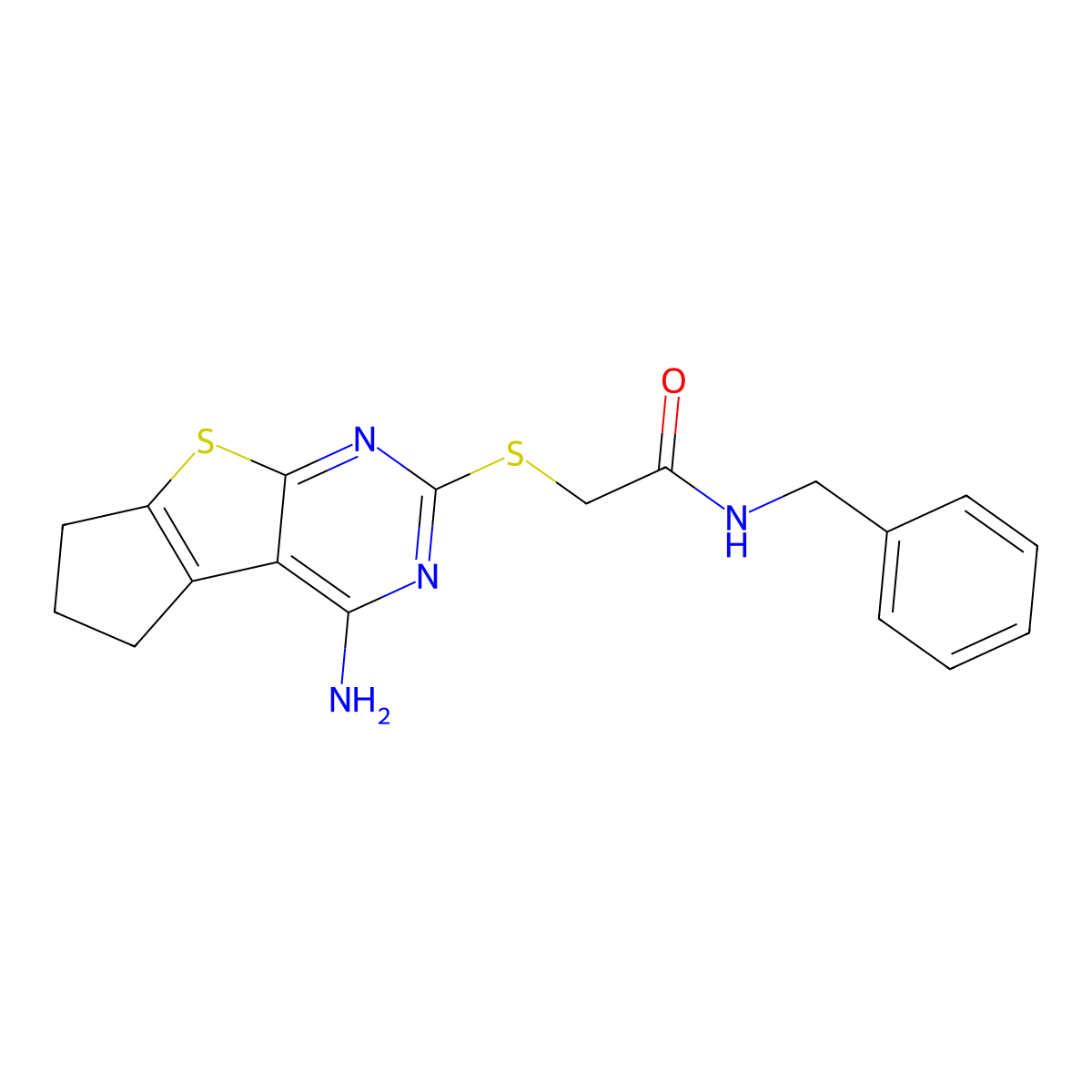 2-((4-amino-6,7-dihydro-5H-cyclopenta[4,5]thieno[2,3-d]pyrimidin-2-yl)thio)-N-benzylacetamide molecular structure, CAS 385420-89-3
