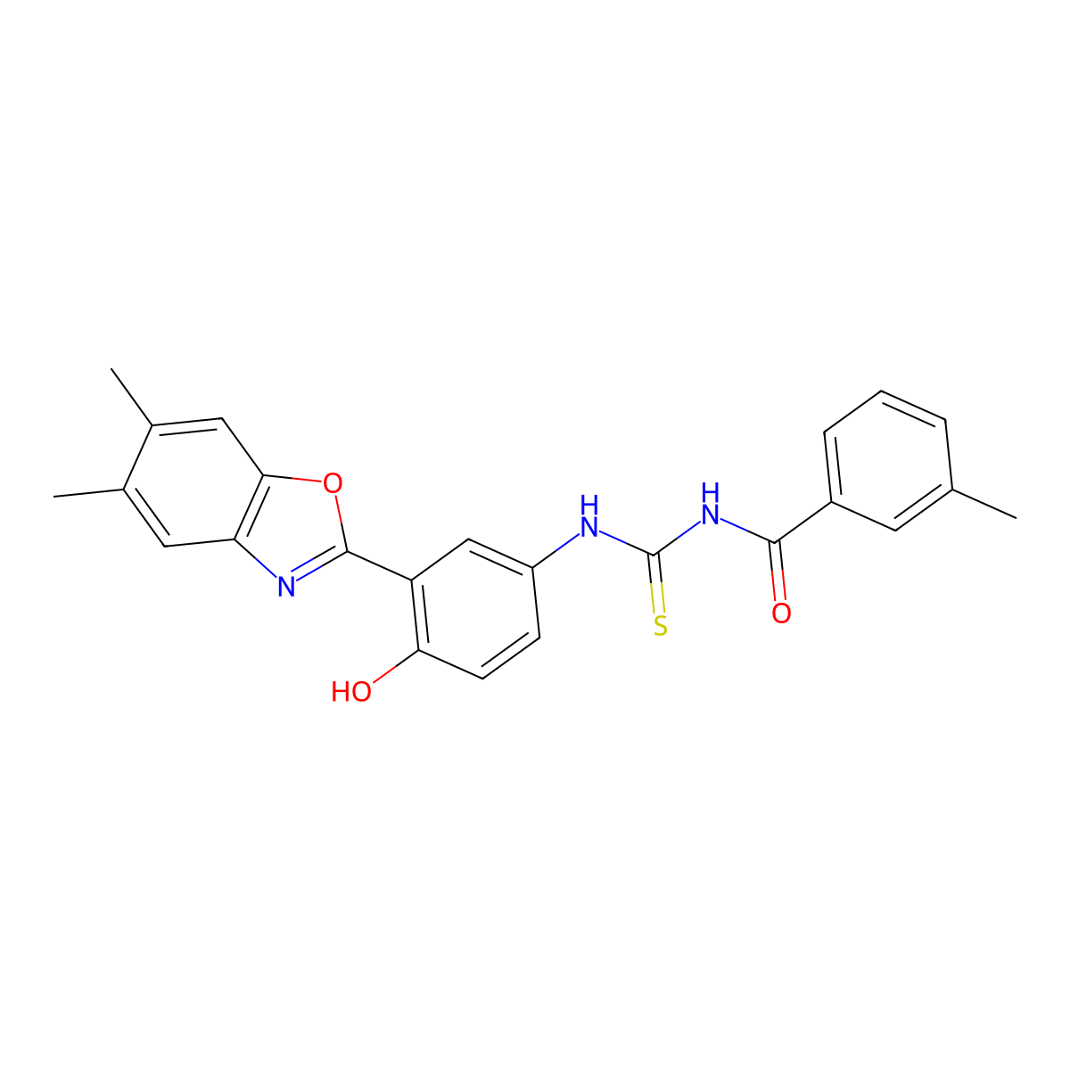 N-[3-(5,6-dimethyl-1,3-benzoxazol-2-yl)-4-hydroxyphenyl]-N'-(3-methylbenzoyl)thiourea molecular structure, CAS 385420-95-1