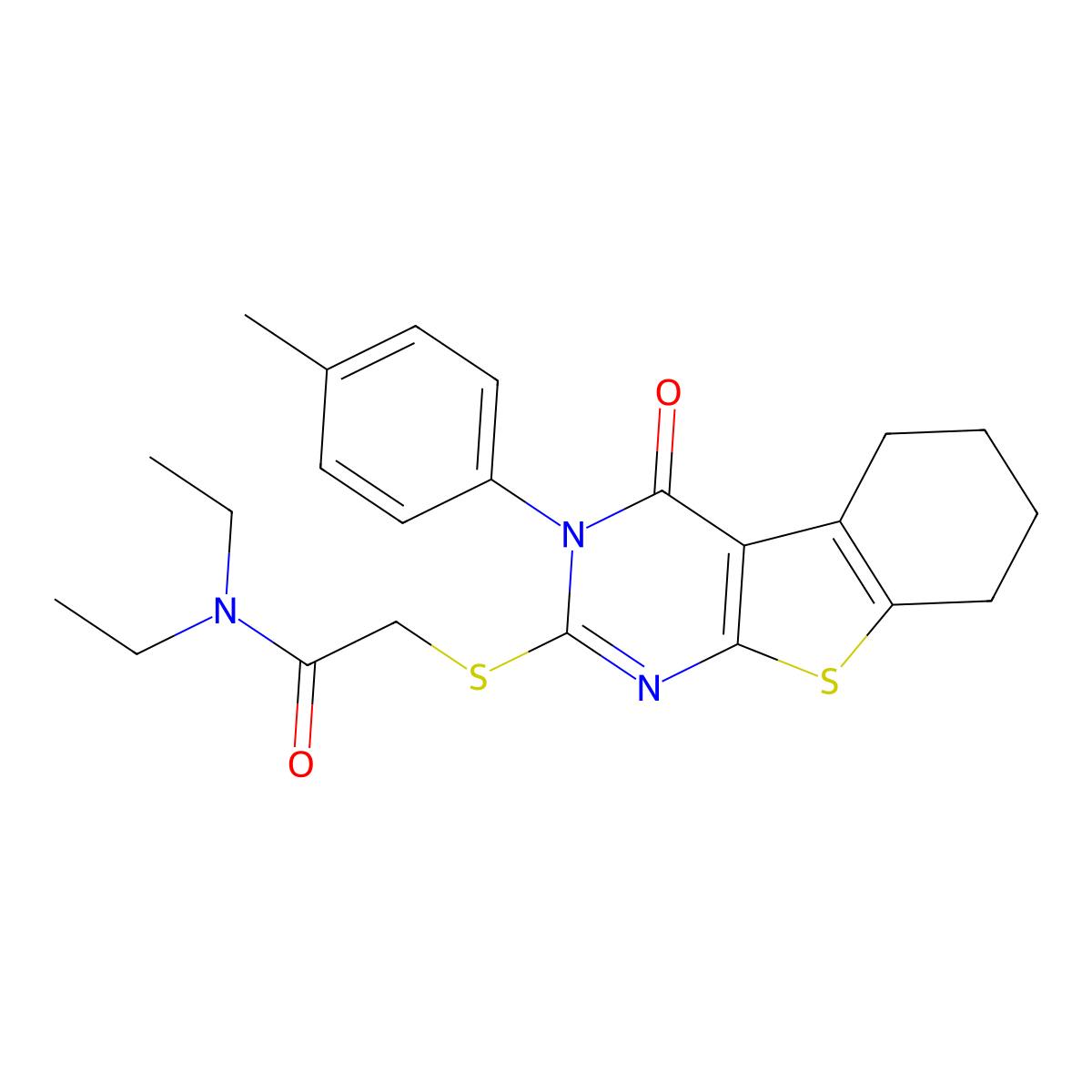 N,N-diethyl-2-{[3-(4-methylphenyl)-4-oxo-3,4,5,6,7,8-hexahydro[1]benzothieno[2,3-d]pyrimidin-2-yl]sulfanyl}acetamide molecular structure, CAS 385421-08-9