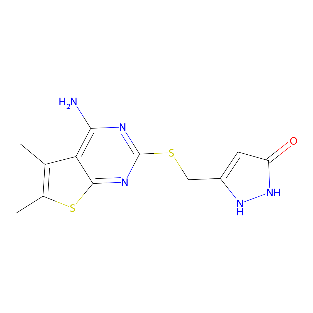 3-(((4-amino-5,6-dimethylthieno[2,3-d]pyrimidin-2-yl)thio)methyl)-1H-pyrazol-5-ol molecular structure, CAS 385421-11-4