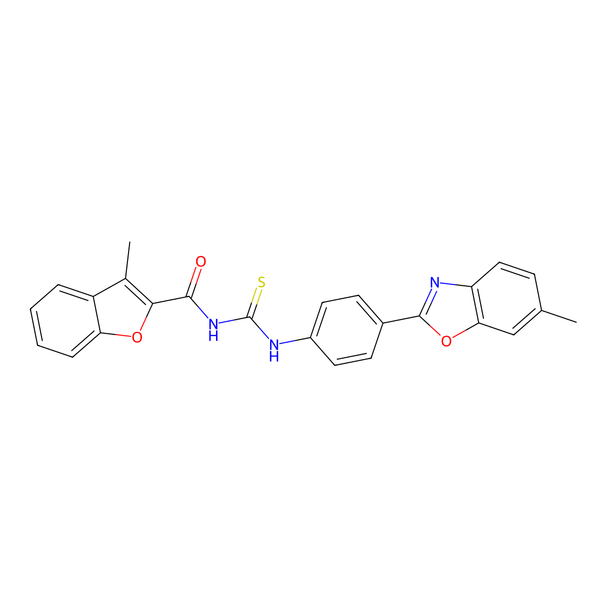 3-methyl-N-{[4-(6-methyl-1,3-benzoxazol-2-yl)phenyl]carbamothioyl}-1-benzofuran-2-carboxamide molecular structure, CAS 385421-15-8