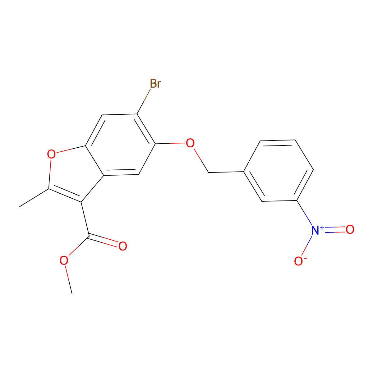 Methyl 6-bromo-2-methyl-5-[(3-nitrophenyl)methoxy]-1-benzofuran-3-carboxylate molecular structure, CAS 385421-45-4