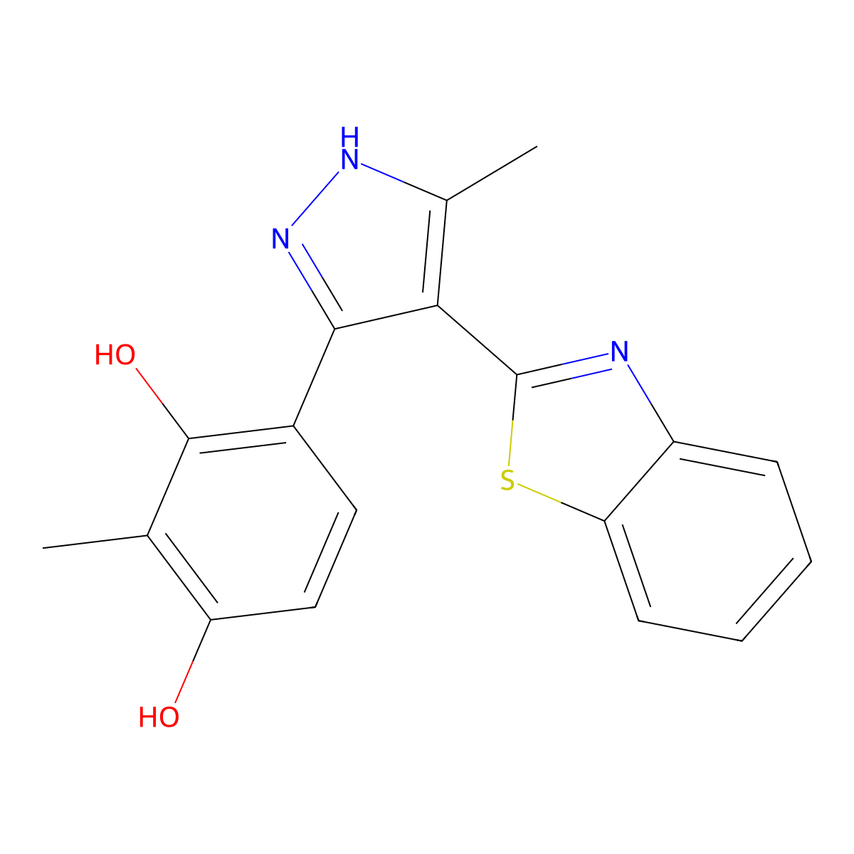 4-(4-(benzo[d]thiazol-2-yl)-5-methyl-1H-pyrazol-3-yl)-2-methylbenzene-1,3-diol molecular structure, CAS 385424-29-3