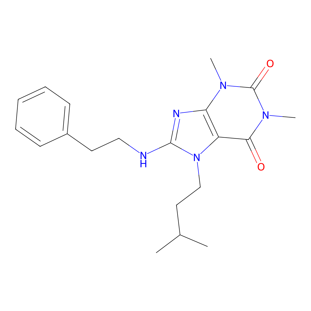 7-isopentyl-1,3-dimethyl-8-(phenethylamino)-1H-purine-2,6(3H,7H)-dione molecular structure, CAS 385424-64-6