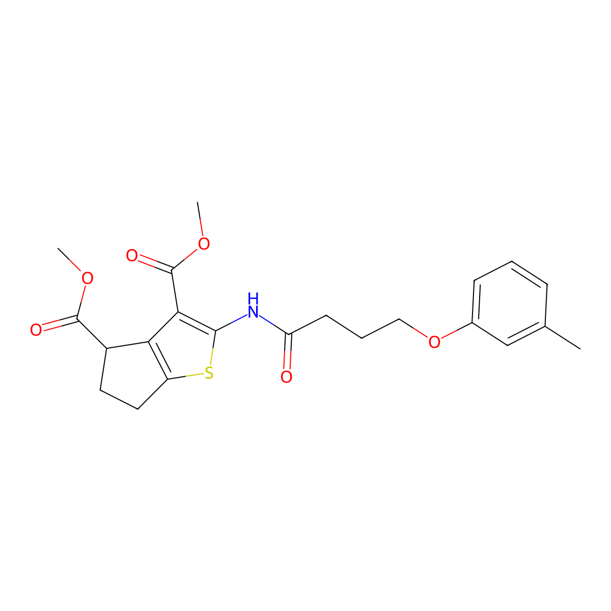 dimethyl 2-[4-(3-methylphenoxy)butanoylamino]-5,6-dihydro-4H-cyclopenta[b]thiophene-3,4-dicarboxylate molecular structure, CAS 385424-68-0