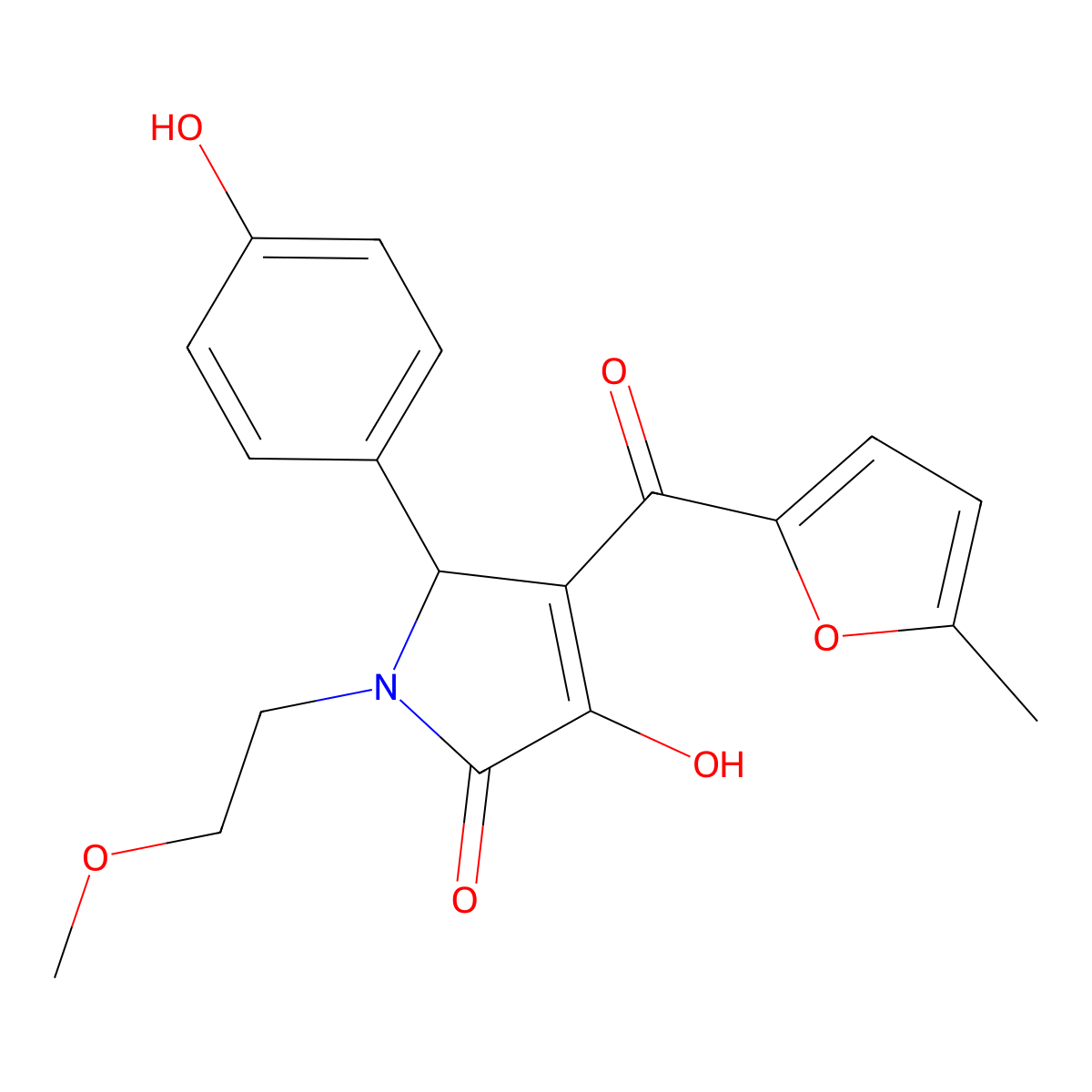 3-hydroxy-5-(4-hydroxyphenyl)-1-(2-methoxyethyl)-4-[(5-methylfuran-2-yl)carbonyl]-1,5-dihydro-2H-pyrrol-2-one molecular structure, CAS 385424-83-9