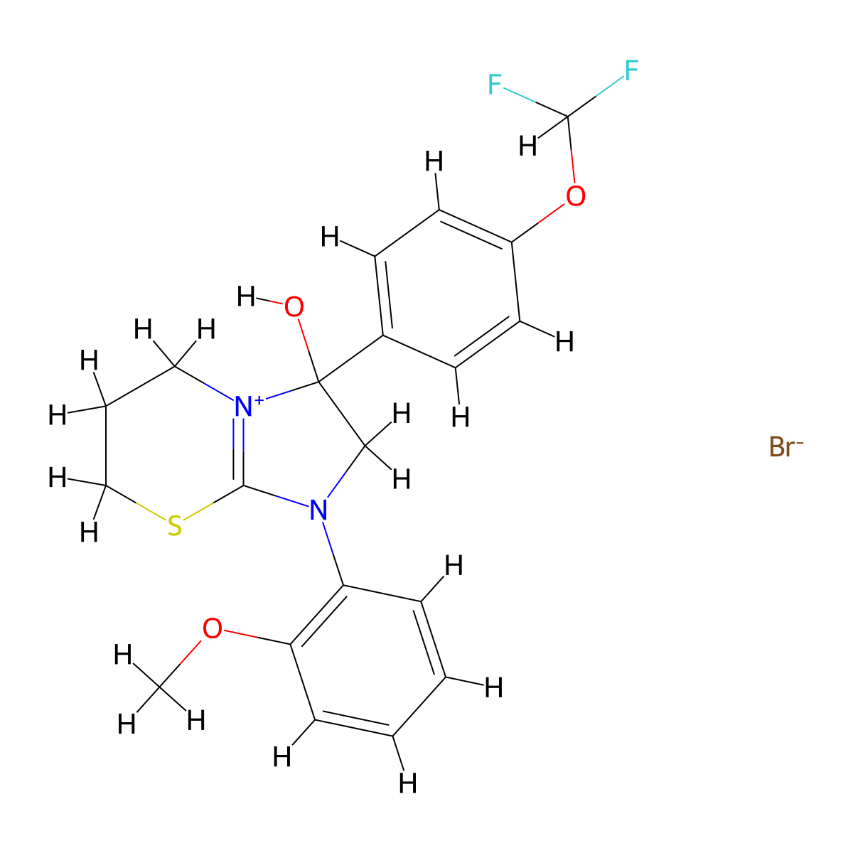 3-[4-(difluoromethoxy)phenyl]-3-hydroxy-1-(2-methoxyphenyl)-2H,3H,5H,6H,7H-1lambda5-imidazo[2,1-b][1,3]thiazin-1-ylium bromide molecular structure, CAS 385431-22-1