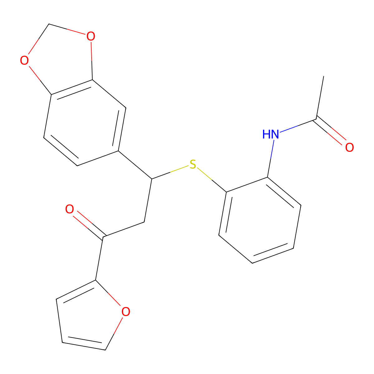 N-(2-((1-(benzo[d][1,3]dioxol-5-yl)-3-(furan-2-yl)-3-oxopropyl)thio)phenyl)acetamide molecular structure, CAS 385786-11-8