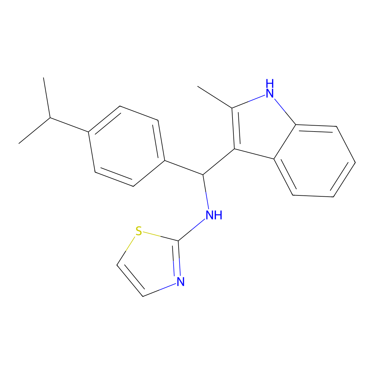 N-((4-isopropylphenyl)(2-methyl-1H-indol-3-yl)methyl)thiazol-2-amine molecular structure, CAS 385786-57-2