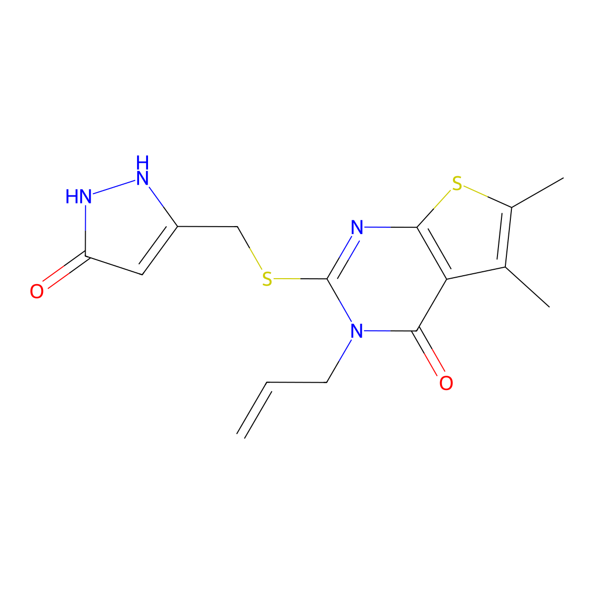 3-allyl-2-(((5-hydroxy-1H-pyrazol-3-yl)methyl)thio)-5,6-dimethylthieno[2,3-d]pyrimidin-4(3H)-one molecular structure, CAS 385786-60-7