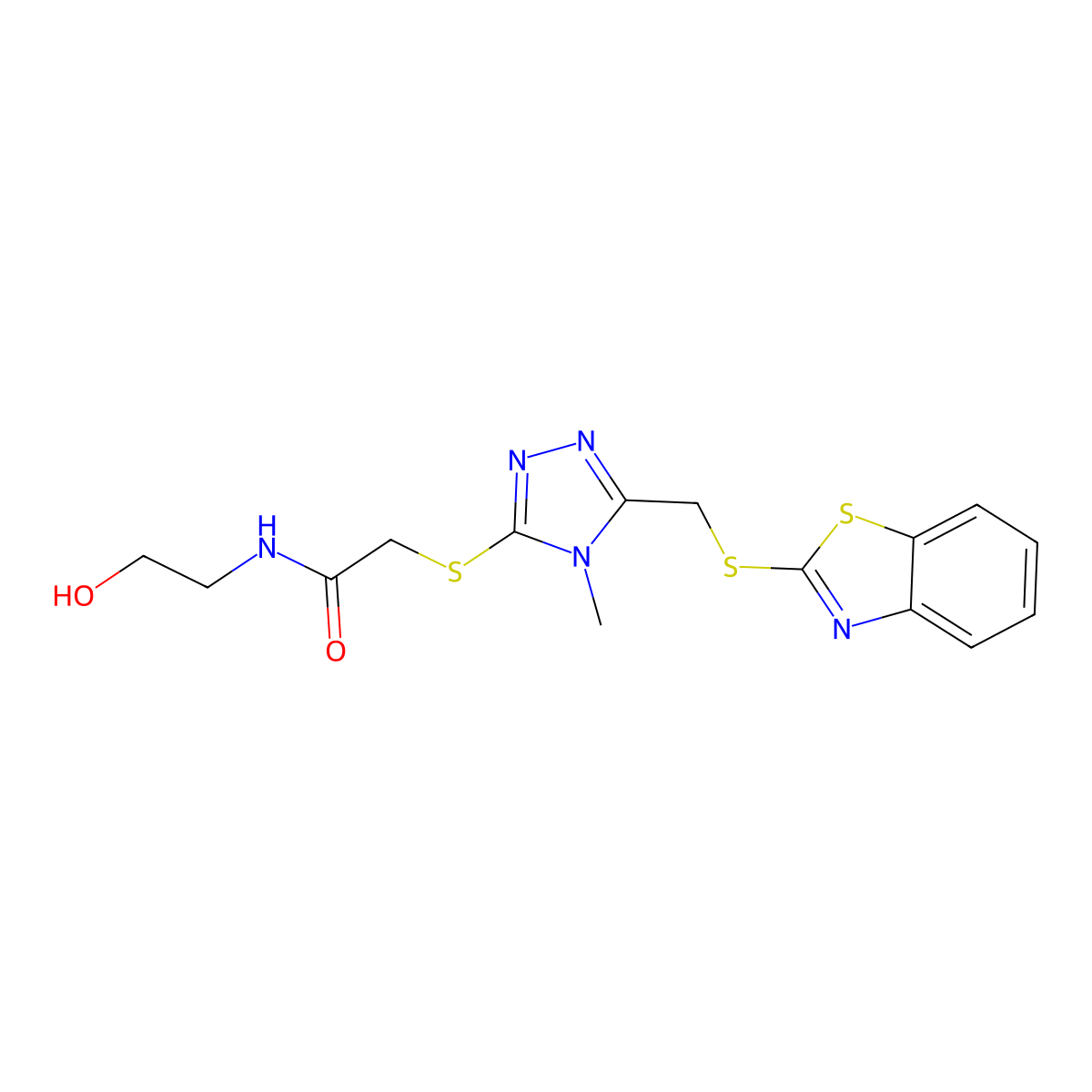 2-({5-[(1,3-benzothiazol-2-ylsulfanyl)methyl]-4-methyl-4H-1,2,4-triazol-3-yl}sulfanyl)-N-(2-hydroxyethyl)acetamide molecular structure, CAS 385786-62-9