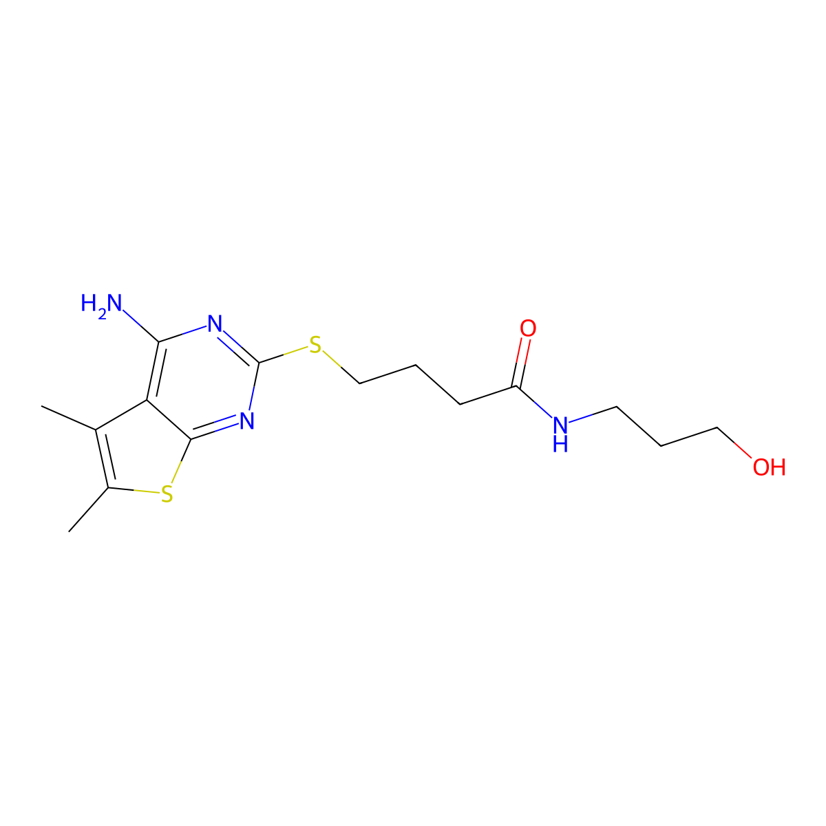 4-((4-amino-5,6-dimethylthieno[2,3-d]pyrimidin-2-yl)thio)-N-(3-hydroxypropyl)butanamide molecular structure, CAS 385786-65-2