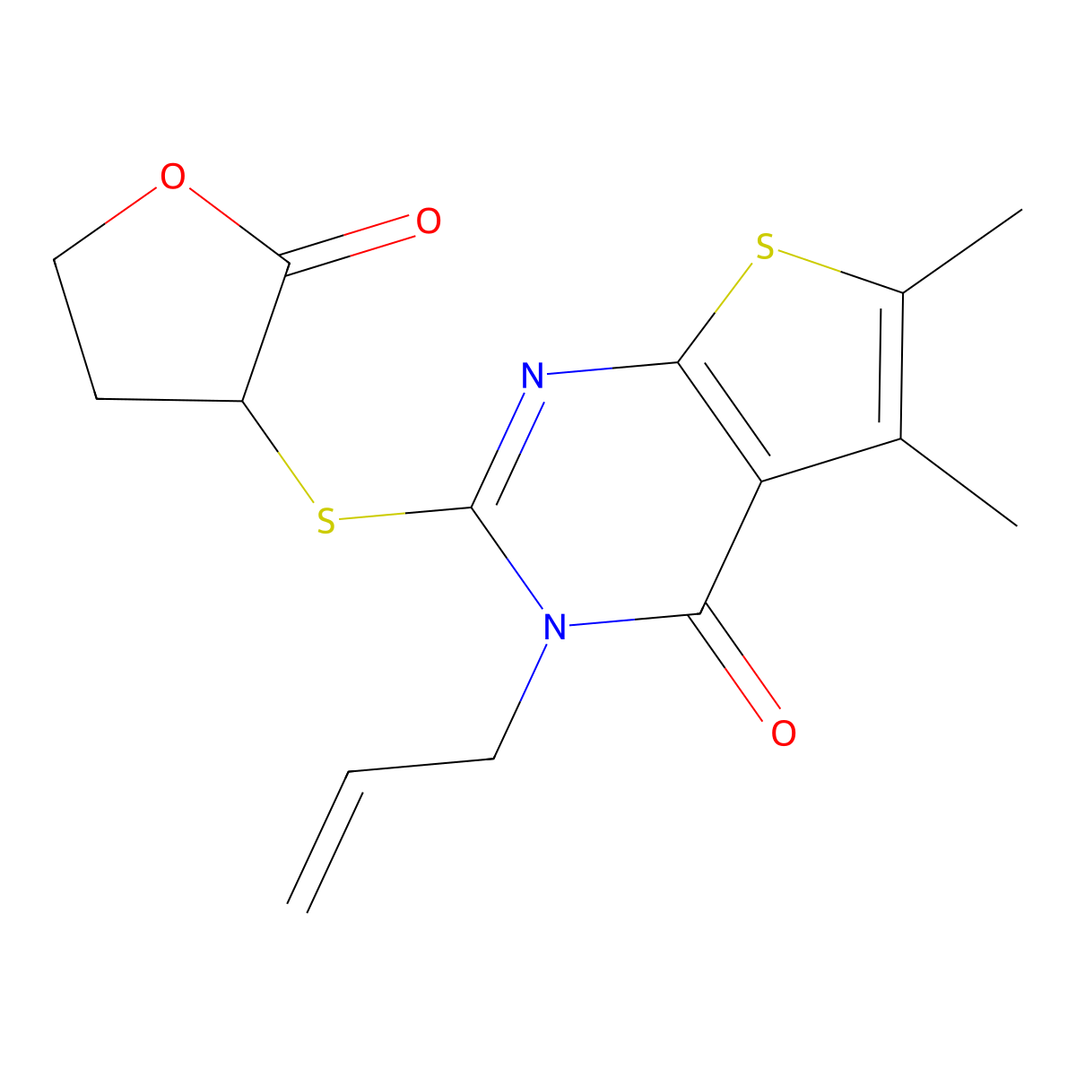 3-allyl-5,6-dimethyl-2-((2-oxotetrahydrofuran-3-yl)thio)thieno[2,3-d]pyrimidin-4(3H)-one molecular structure, CAS 385786-66-3