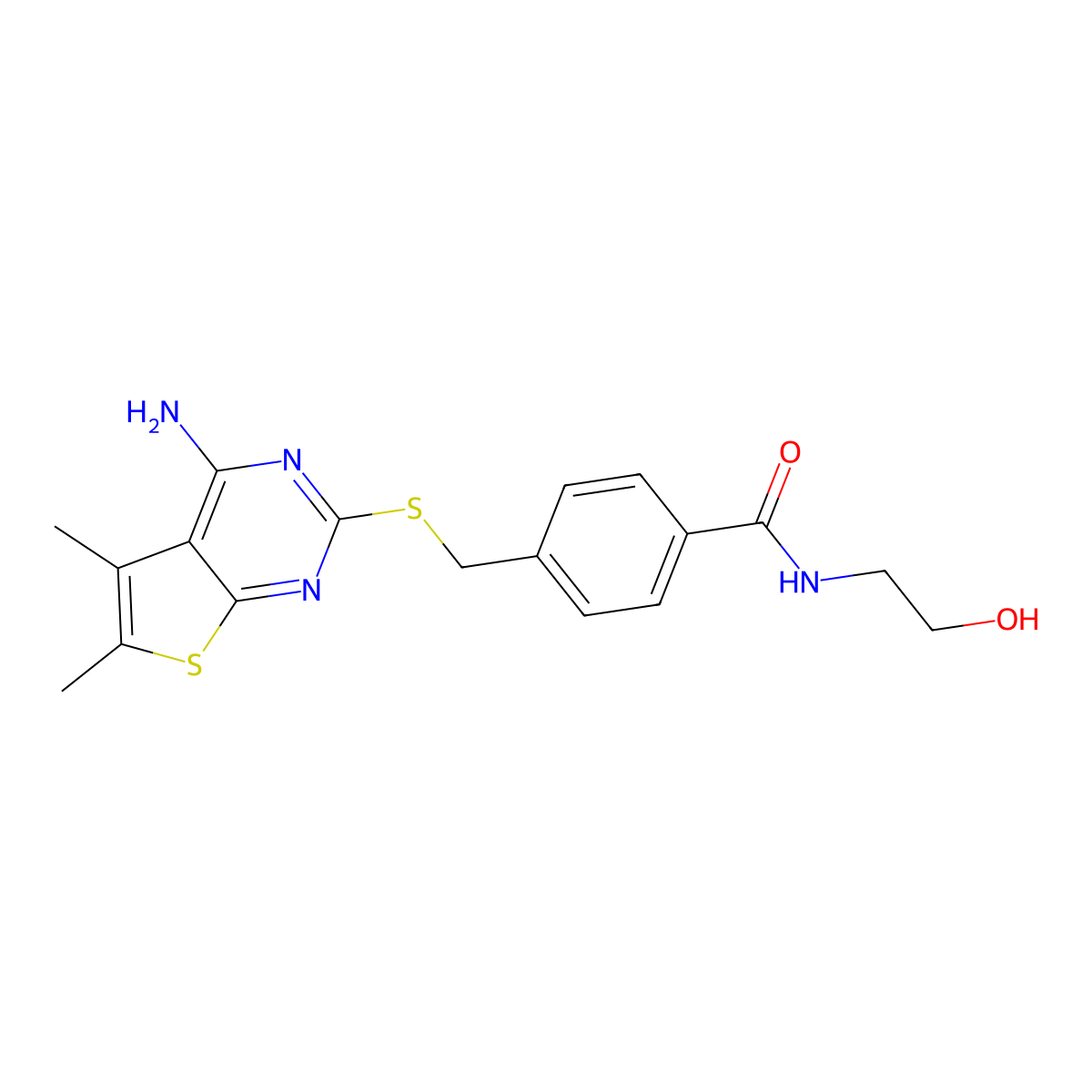 4-(((4-amino-5,6-dimethylthieno[2,3-d]pyrimidin-2-yl)thio)methyl)-N-(2-hydroxyethyl)benzamide molecular structure, CAS 385787-02-0