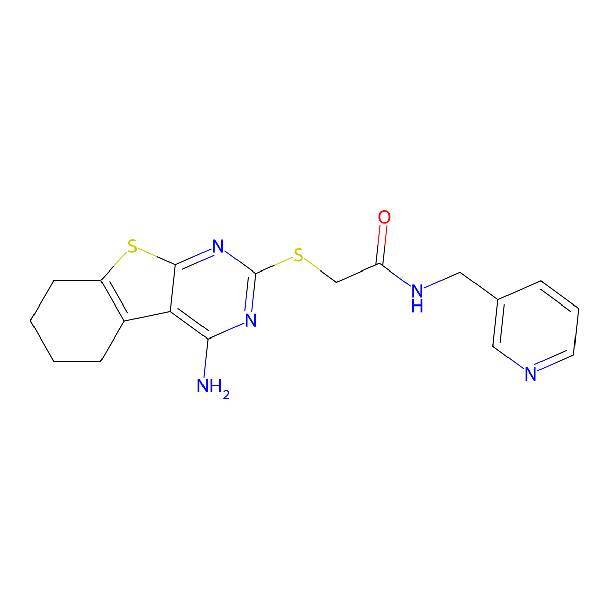 2-[(4-amino-5,6,7,8-tetrahydro[1]benzothieno[2,3-d]pyrimidin-2-yl)sulfanyl]-N-(pyridin-3-ylmethyl)acetamide molecular structure, CAS 385787-89-3