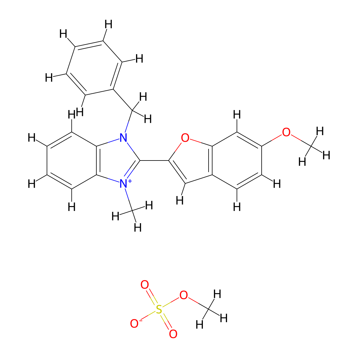 1H-Benzimidazolium, 2-(6-methoxy-2-benzofuranyl)-1-methyl-3-(phenylmethyl)-, methyl sulfate (1:1) molecular structure, CAS 38582-02-4