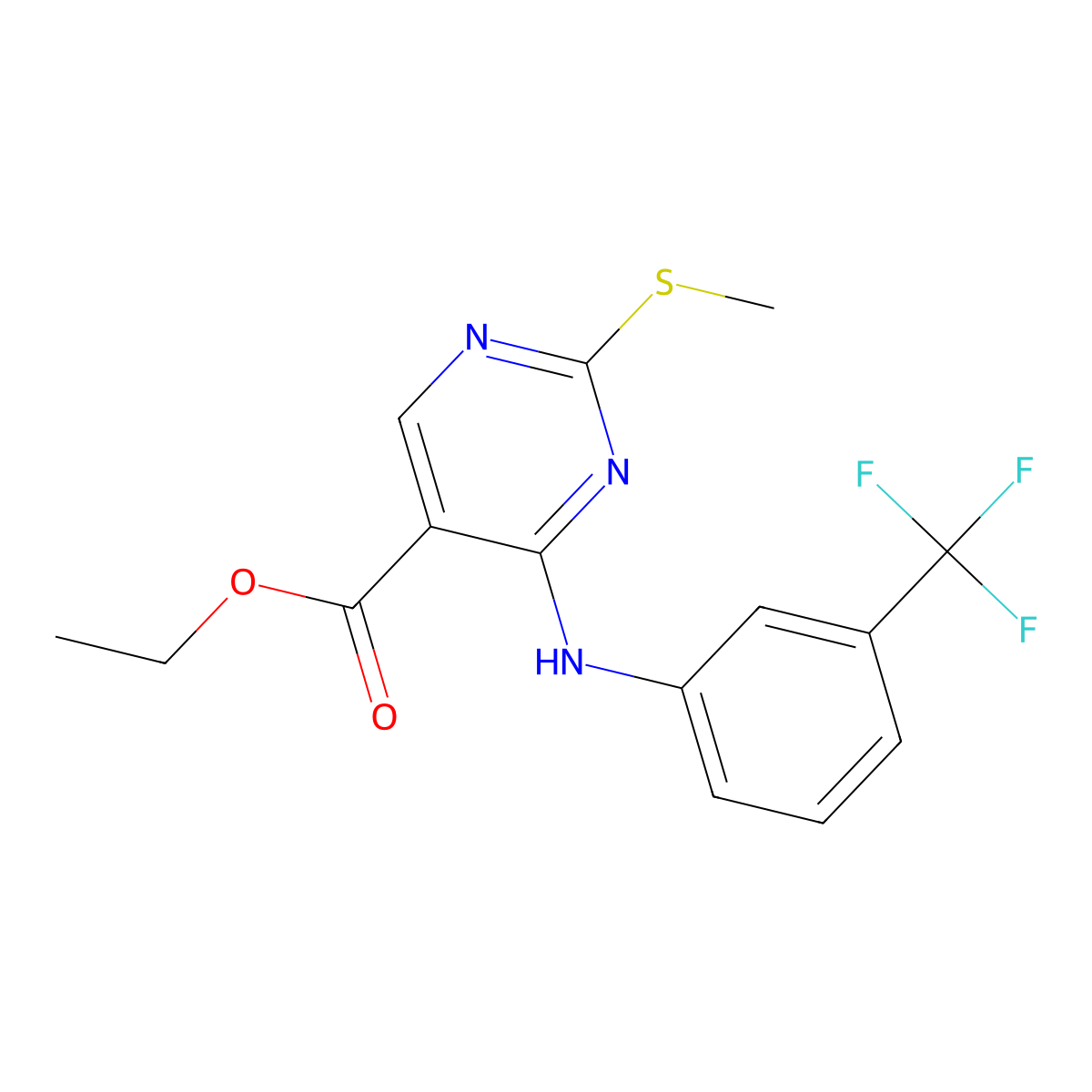 Ethyl 2-(methylsulfanyl)-4-[3-(trifluoromethyl)anilino]pyrimidine-5-carboxylate molecular structure, CAS 3859-55-0