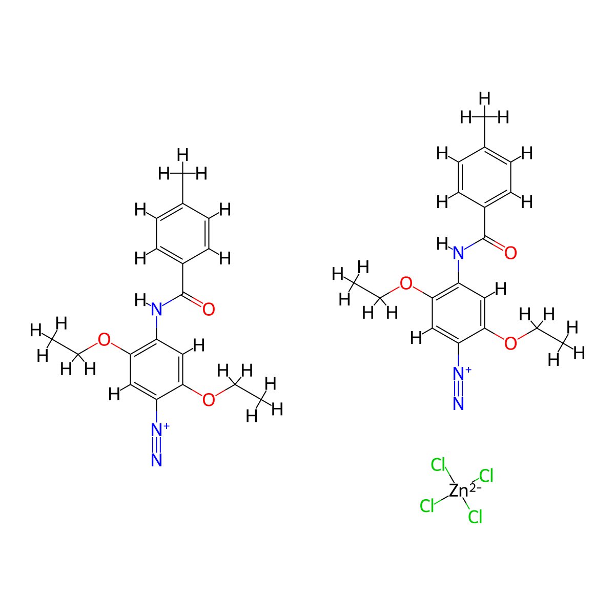 Benzenediazonium, 2,5-diethoxy-4-[(4-methylbenzoyl)amino]-, (T-4)-tetrachlorozincate(2-) (2:1) molecular structure, CAS 38656-58-5