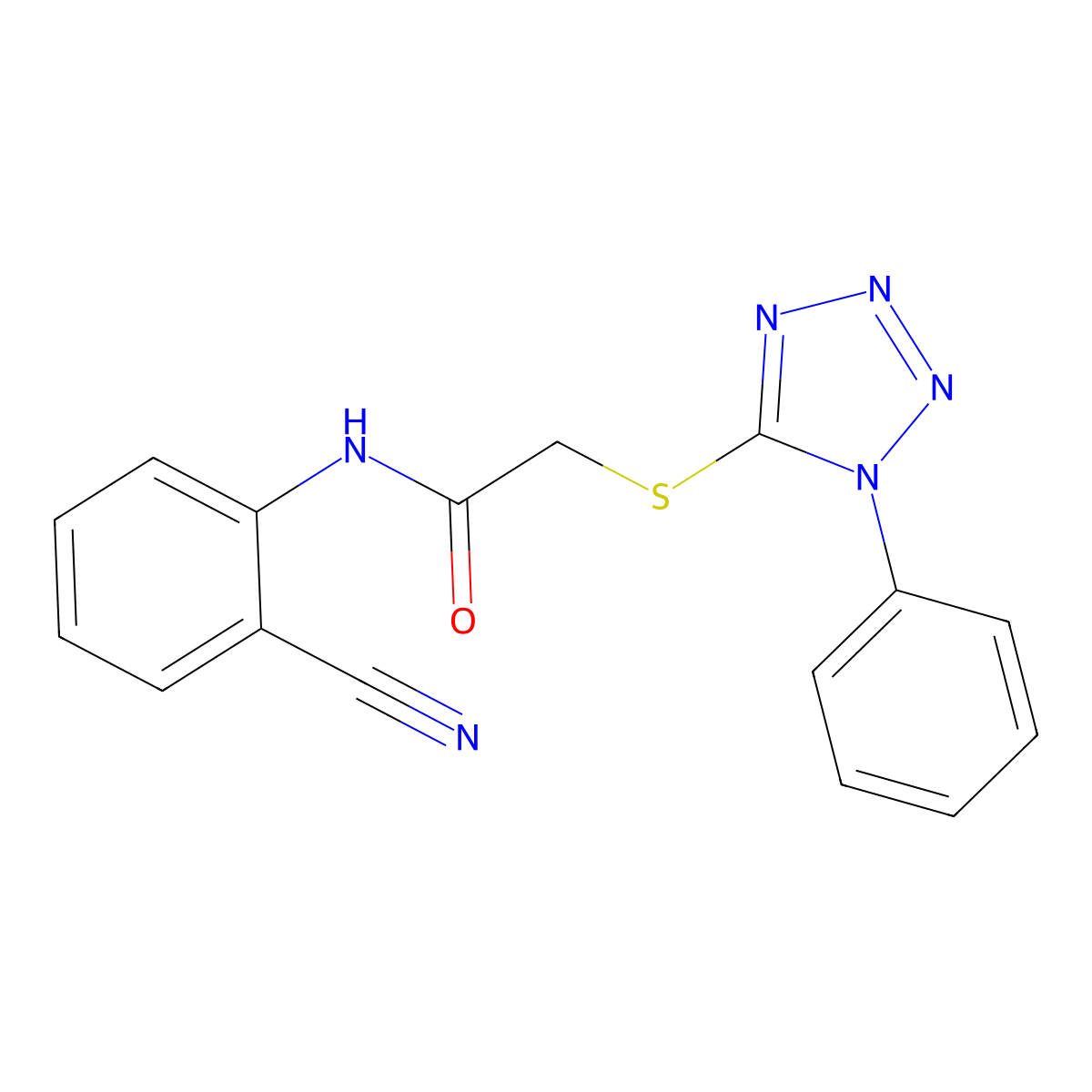 N-(2-cyanophenyl)-2-(1-phenyltetrazol-5-yl)sulfanylacetamide molecular structure, CAS 386716-10-5