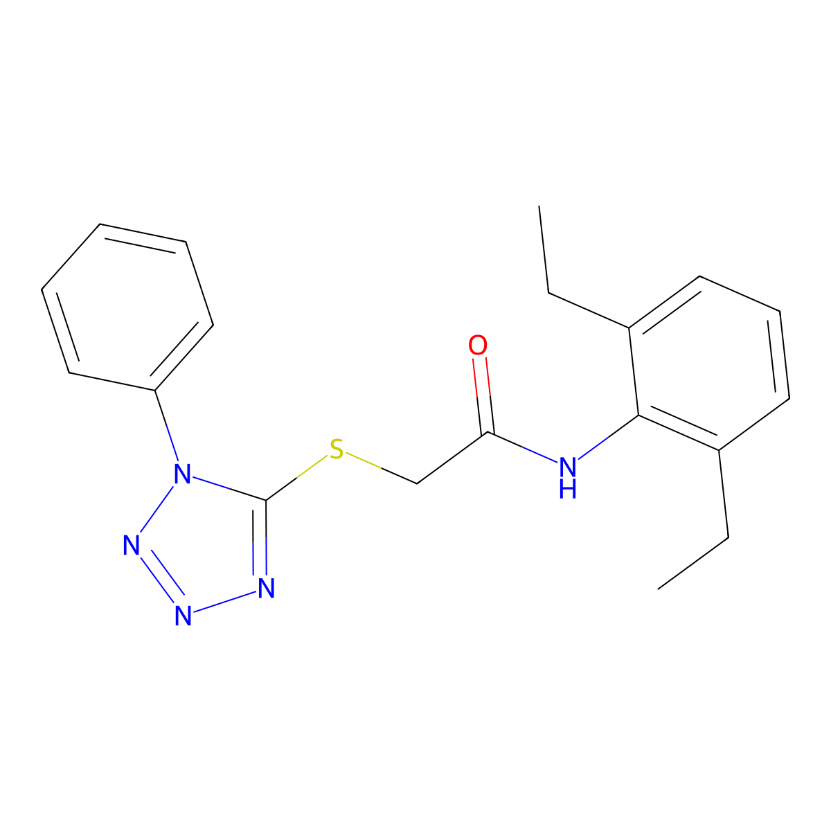 N-(2,6-diethylphenyl)-2-(1-phenyltetrazol-5-yl)sulfanylacetamide molecular structure, CAS 386716-38-7