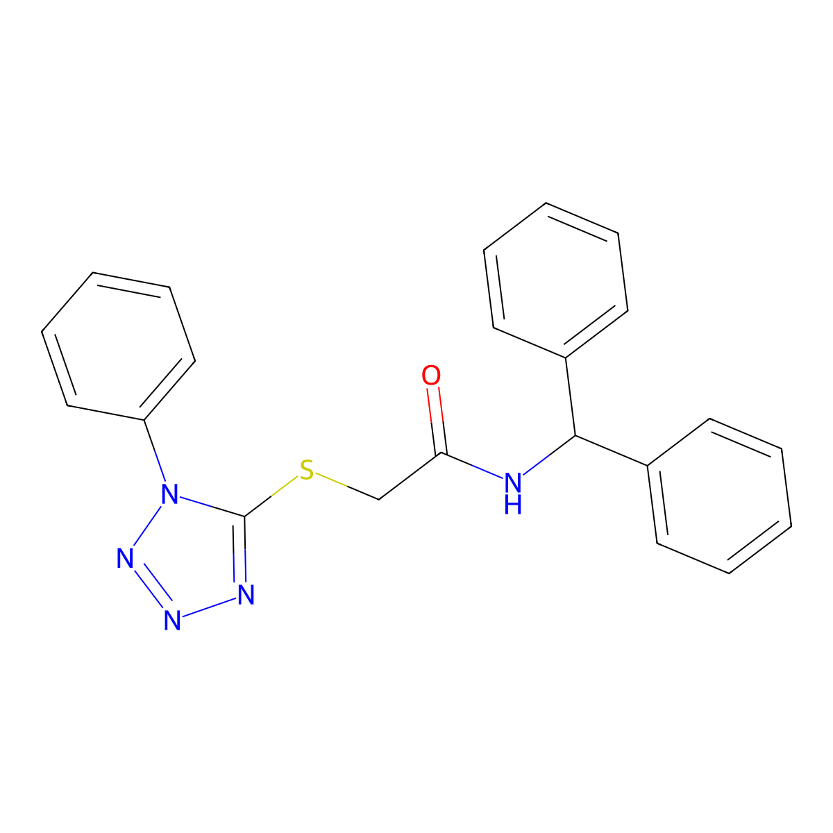 N-benzhydryl-2-(1-phenyltetrazol-5-yl)sulfanylacetamide molecular structure, CAS 386716-47-8