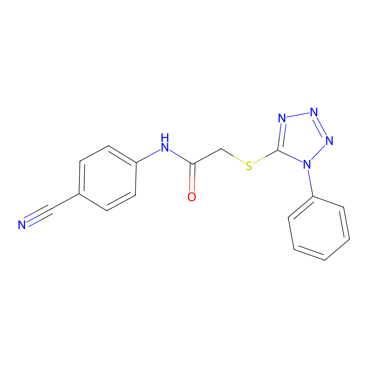 N-(4-cyanophenyl)-2-(1-phenyltetrazol-5-yl)sulfanylacetamide molecular structure, CAS 386716-57-0