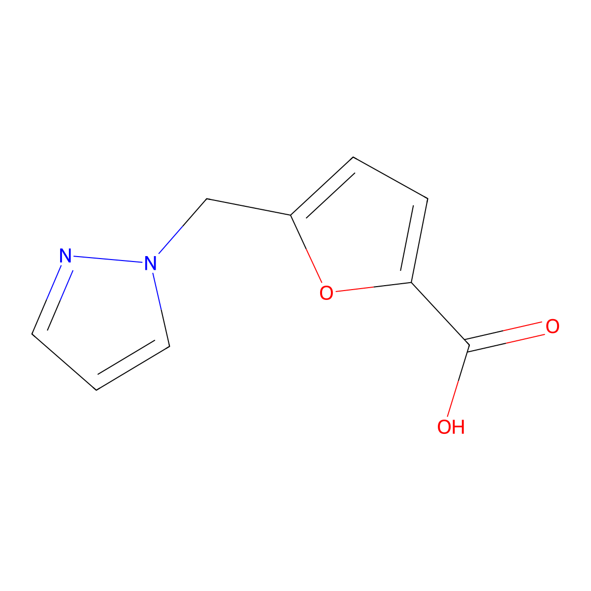 5-Pyrazol-1-ylmethyl-furan-2-carboxylic acid molecular structure, CAS 386736-99-8