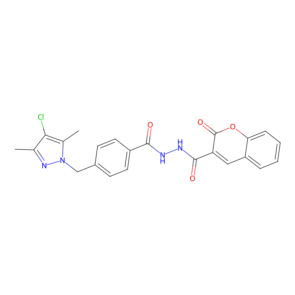 2-Oxo-2H-1-benzopyran-3-carboxylic acid 2-[4-[(4-chloro-3,5-dimethyl-1H-pyrazol-1-yl)methyl]benzoyl]hydrazide molecular structure, CAS 386737-03-7