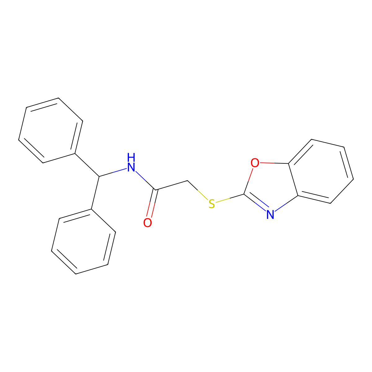 N-benzhydryl-2-(1,3-benzoxazol-2-ylsulfanyl)acetamide molecular structure, CAS 386764-86-9