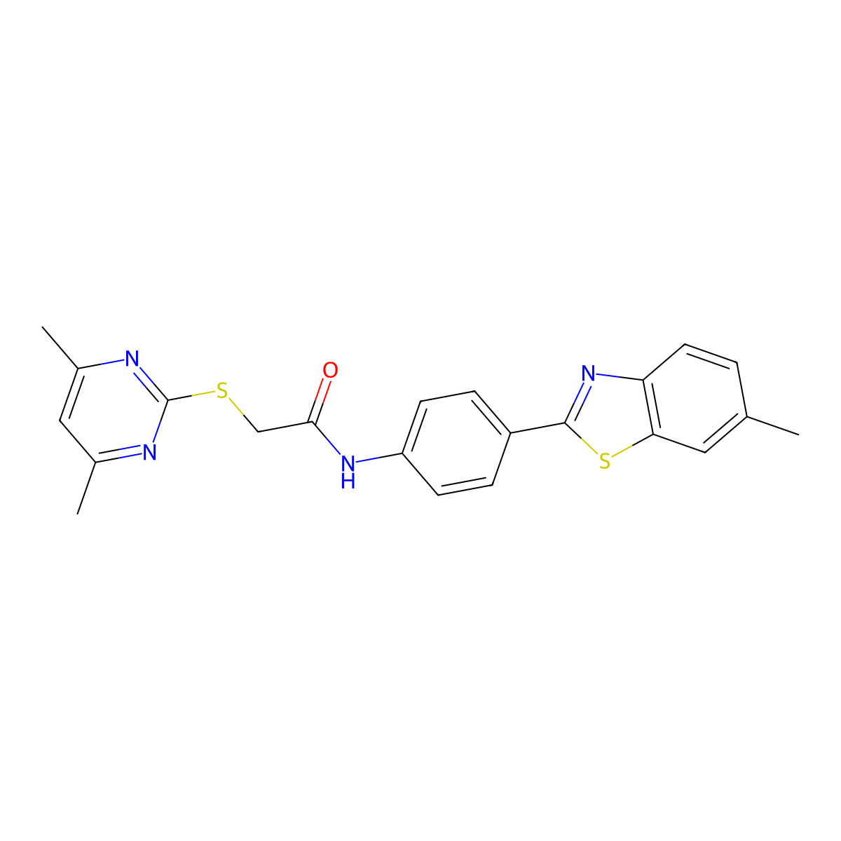 2-(4,6-dimethylpyrimidin-2-yl)sulfanyl-N-[4-(6-methyl-1,3-benzothiazol-2-yl)phenyl]acetamide molecular structure, CAS 386766-02-5