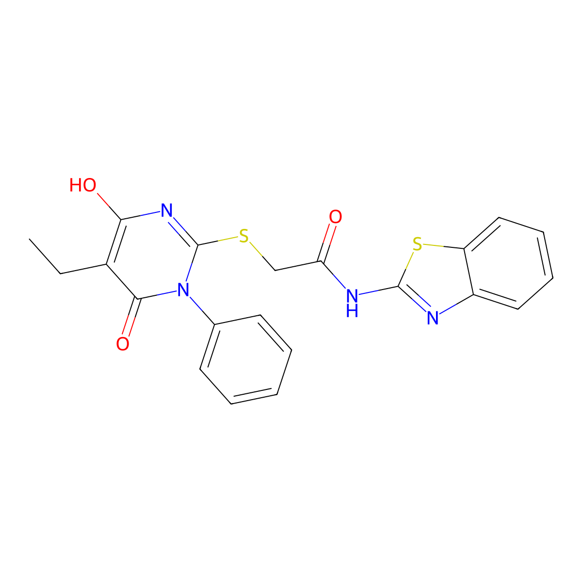 N-Benzothiazol-2-yl-2-(5-ethyl-4-hydroxy-6-oxo-1-phenyl-1,6-dihydro-pyrimidin-2-ylsulfanyl)-acetamide molecular structure, CAS 387352-17-2