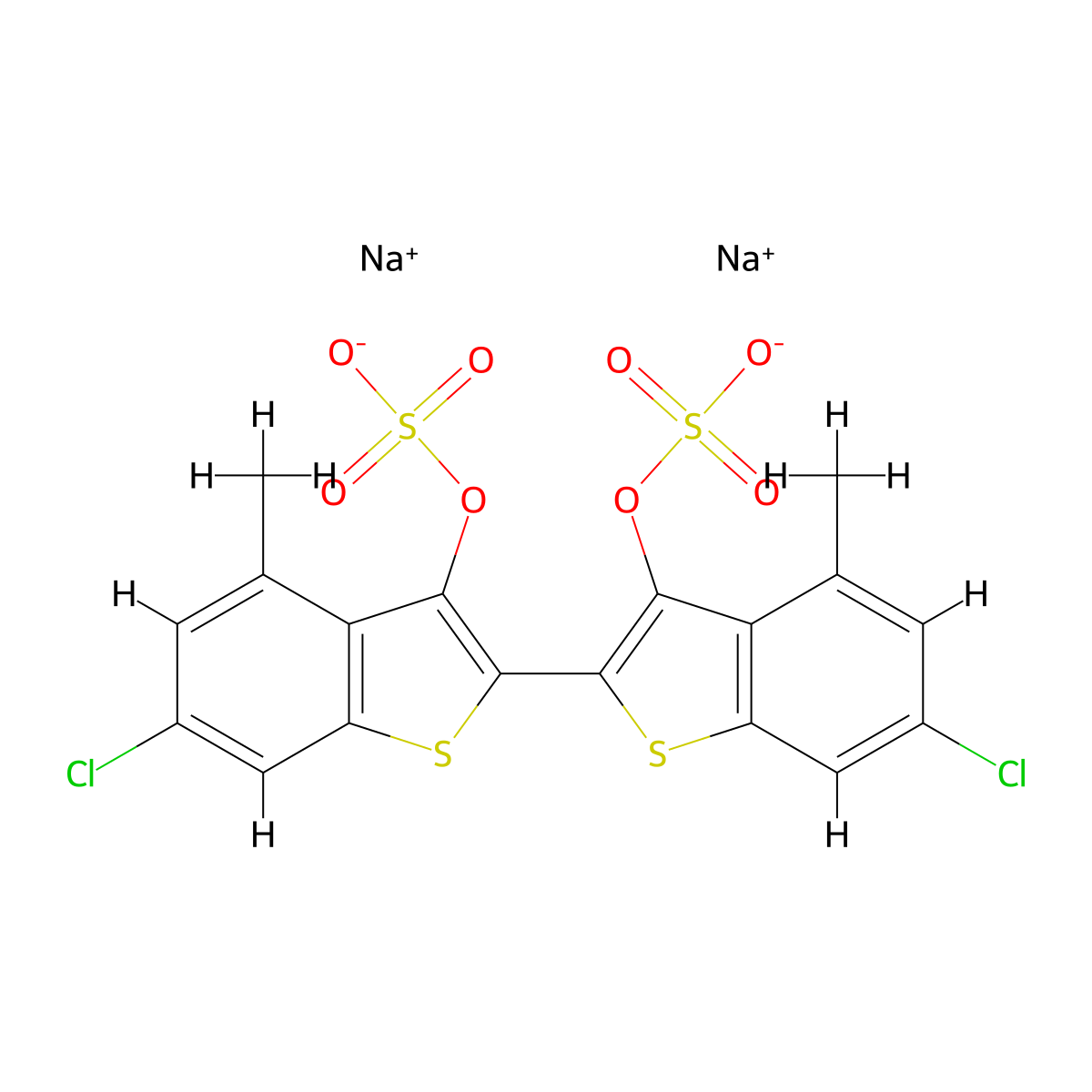 [2,2'-bibenzo[b]thiophene]-3,3'-diol, 6,6'-dichloro-4,4'-dimethyl-, bis(hydrogen sulfate), disodium salt molecular structure, CAS 3875-72-7