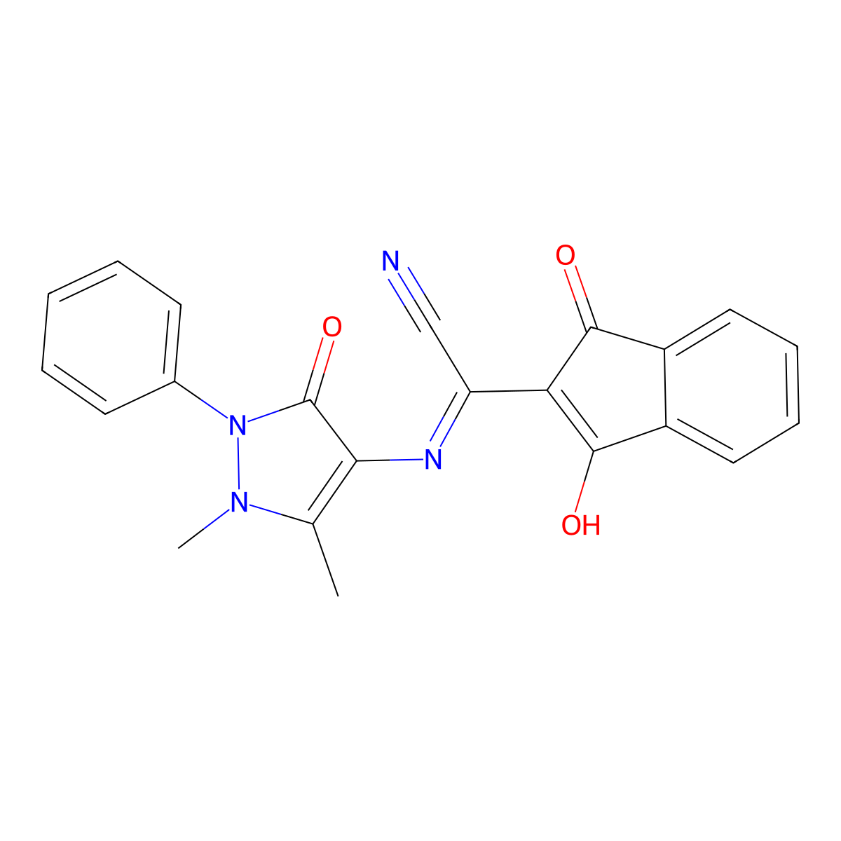 2-[(1,5-dimethyl-3-oxo-2-phenyl-2,3-dihydro-1H-pyrazol-4-yl)amino]-2-(1,3-dioxo-2,3-dihydro-1H-inden-2-ylidene)acetonitrile molecular structure, CAS 38756-20-6