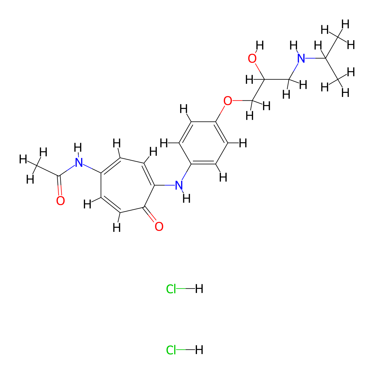 Acetamide, N-(4-((4-(2-hydroxy-3-((1-methylethyl)amino)propoxy)phenyl)amino)-5-oxo-1,3,6-cycloheptatrien-1-yl)-, dihydrochloride molecular structure, CAS 38767-91-8