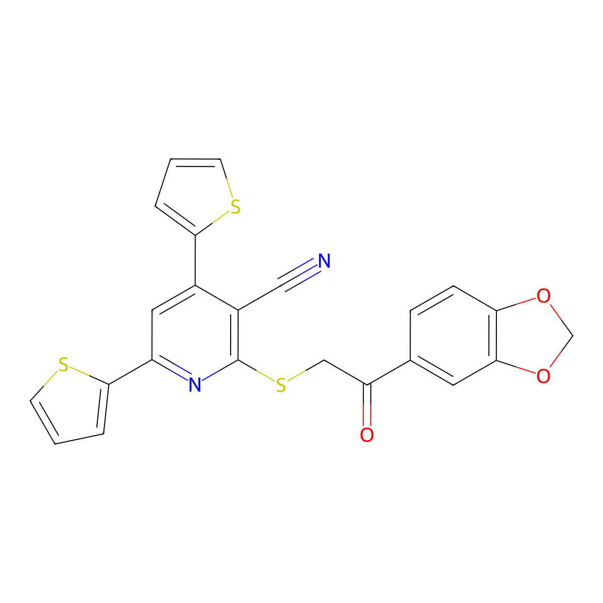 2-[2-(1,3-Benzodioxol-5-yl)-2-oxoethyl]sulfanyl-4,6-dithiophen-2-ylpyridine-3-carbonitrile molecular structure, CAS 387830-80-0