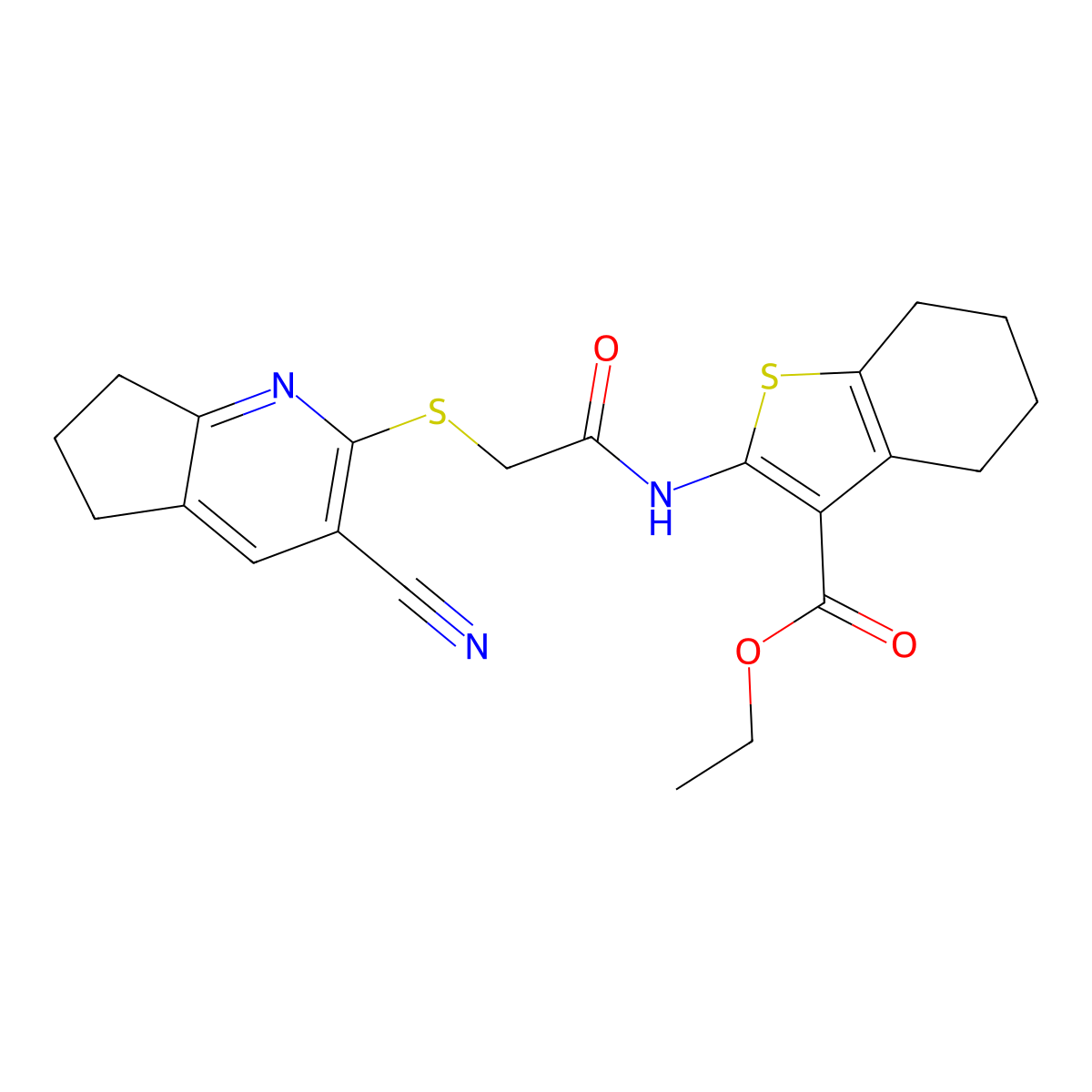 ethyl 2-[[2-[(3-cyano-6,7-dihydro-5H-cyclopenta[b]pyridin-2-yl)sulfanyl]acetyl]amino]-4,5,6,7-tetrahydro-1-benzothiophene-3-carboxylate molecular structure, CAS 387831-15-4