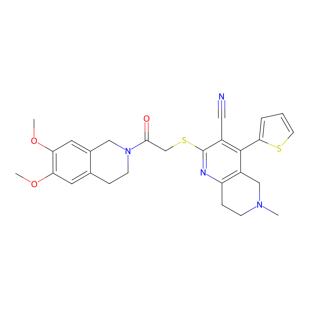 2-[2-(6,7-dimethoxy-3,4-dihydro-1H-isoquinolin-2-yl)-2-oxoethyl]sulfanyl-6-methyl-4-thiophen-2-yl-7,8-dihydro-5H-1,6-naphthyridine-3-carbonitrile molecular structure, CAS 387831-16-5