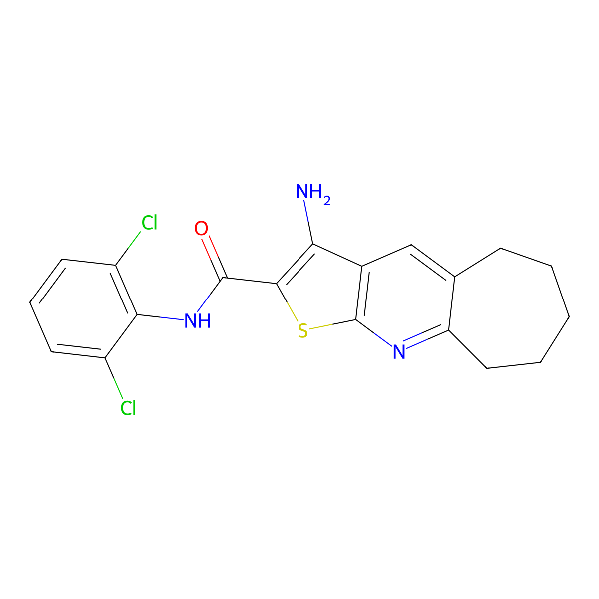 3-amino-N-(2,6-dichlorophenyl)-6,7,8,9-tetrahydro-5H-cyclohepta[b]thieno[3,2-e]pyridine-2-carboxamide molecular structure, CAS 387831-20-1