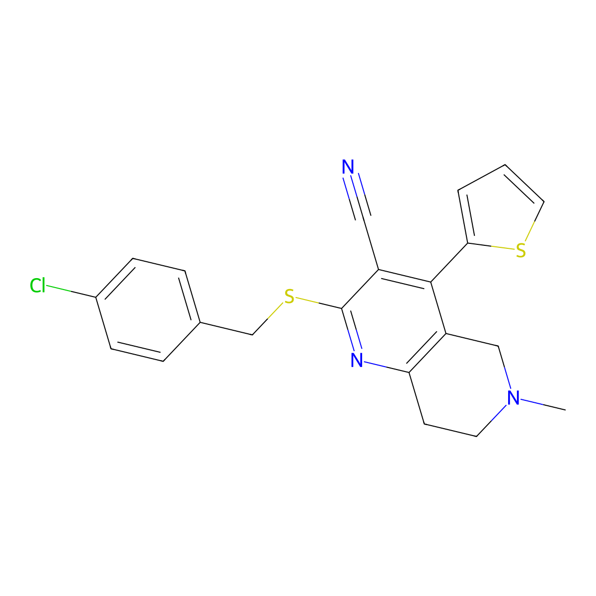 2-[(4-Chlorobenzyl)sulfanyl]-6-methyl-4-(2-thienyl)-5,6,7,8-tetrahydro[1,6]naphthyridine-3-carbonitrile molecular structure, CAS 387831-24-5