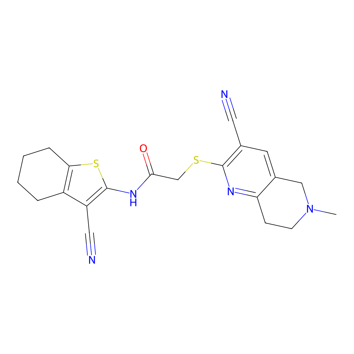2-[(3-cyano-6-methyl-7,8-dihydro-5H-1,6-naphthyridin-2-yl)sulfanyl]-N-(3-cyano-4,5,6,7-tetrahydro-1-benzothiophen-2-yl)acetamide molecular structure, CAS 387831-26-7