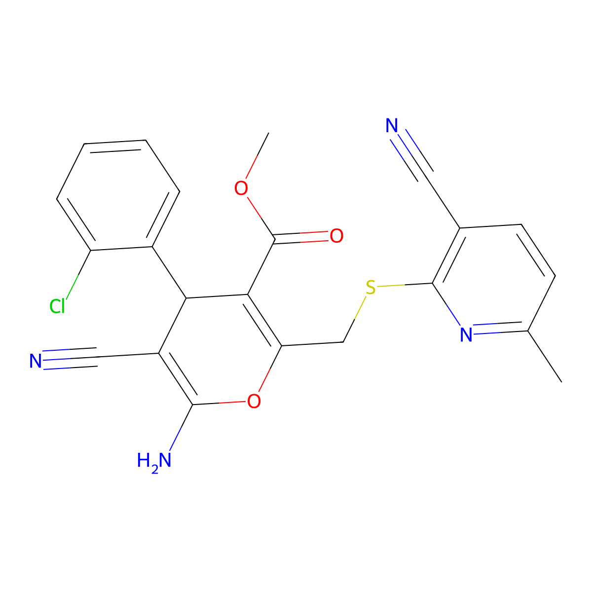 methyl 6-amino-4-(2-chlorophenyl)-5-cyano-2-{[(3-cyano-6-methyl-2-pyridinyl)sulfanyl]methyl}-4H-pyran-3-carboxylate molecular structure, CAS 387831-28-9