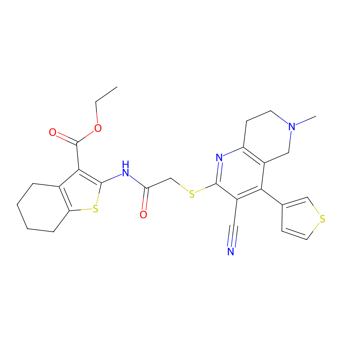 ethyl 2-[[2-[(3-cyano-6-methyl-4-thiophen-3-yl-7,8-dihydro-5H-1,6-naphthyridin-2-yl)sulfanyl]acetyl]amino]-4,5,6,7-tetrahydro-1-benzothiophene-3-carboxylate molecular structure, CAS 387831-30-3