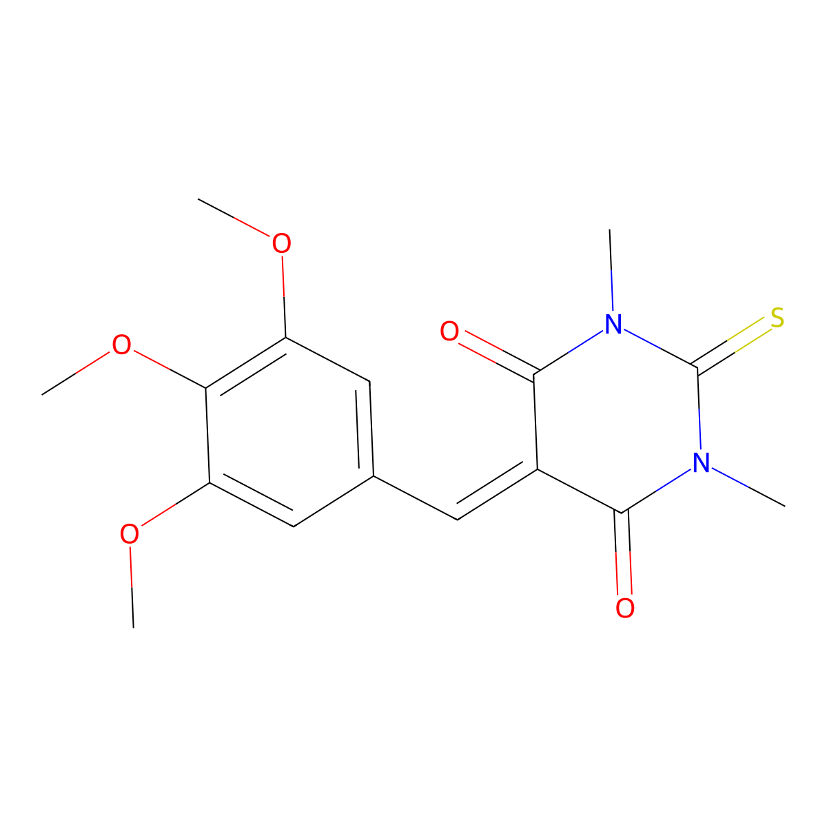 1,3-dimethyl-2-thioxo-5-(3,4,5-trimethoxybenzylidene)dihydropyrimidine-4,6(1H,5H)-dione molecular structure, CAS 387833-98-9