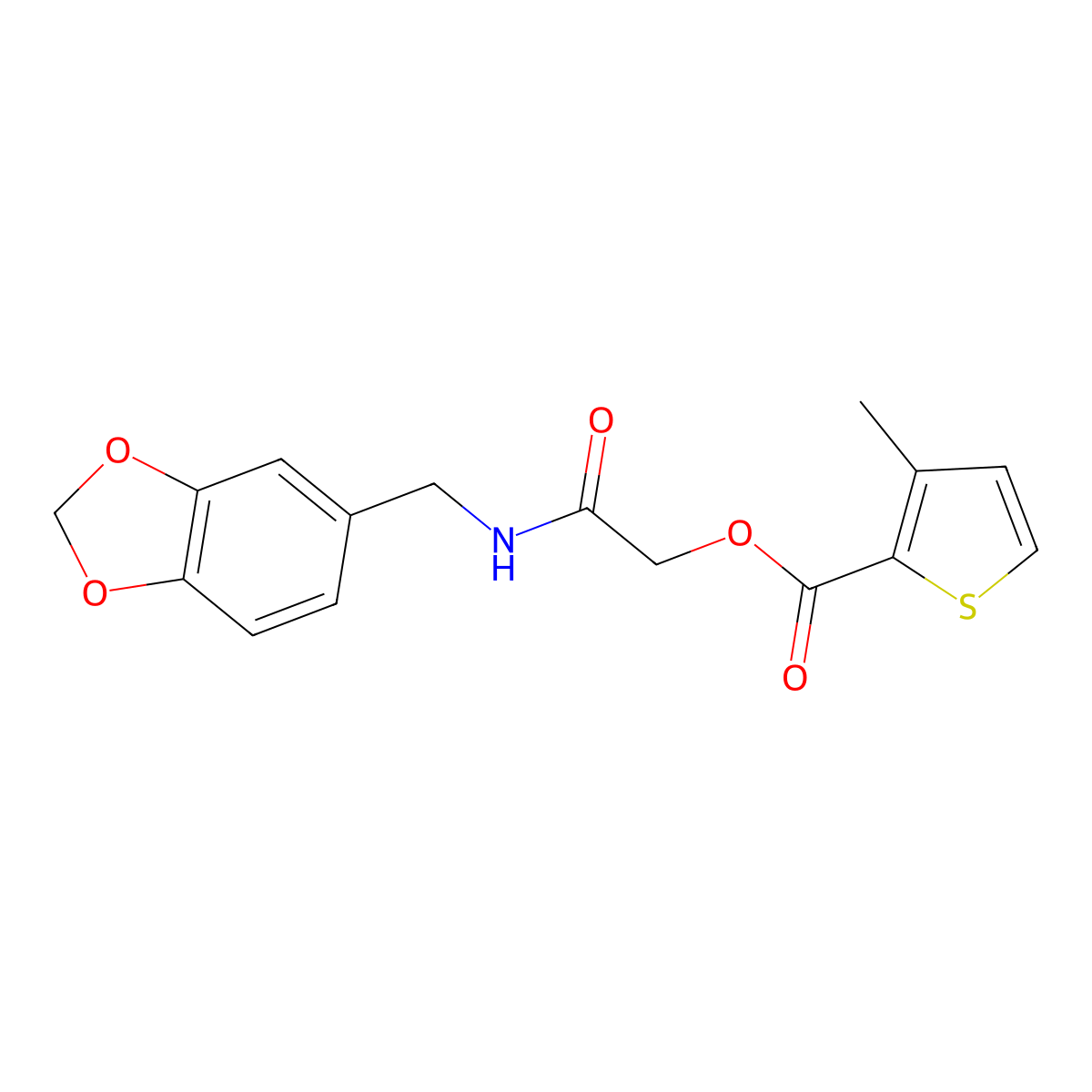 {[(2H-1,3-benzodioxol-5-yl)methyl]carbamoyl}methyl 3-methylthiophene-2-carboxylate molecular structure, CAS 387854-26-4
