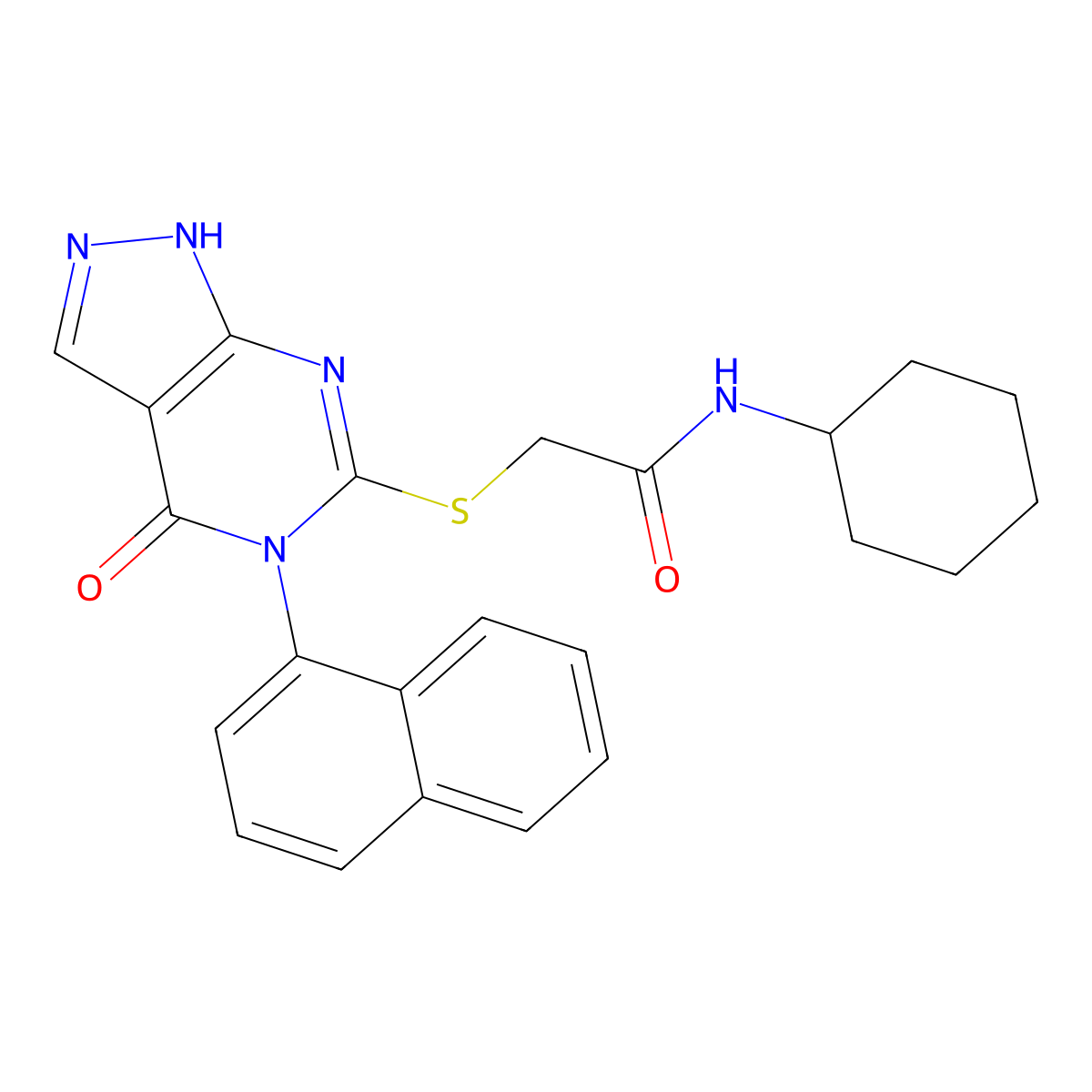 N-cyclohexyl-2-((5-(naphthalen-1-yl)-4-oxo-4,5-dihydro-1H-pyrazolo[3,4-d]pyrimidin-6-yl)thio)acetamide molecular structure, CAS 387882-36-2